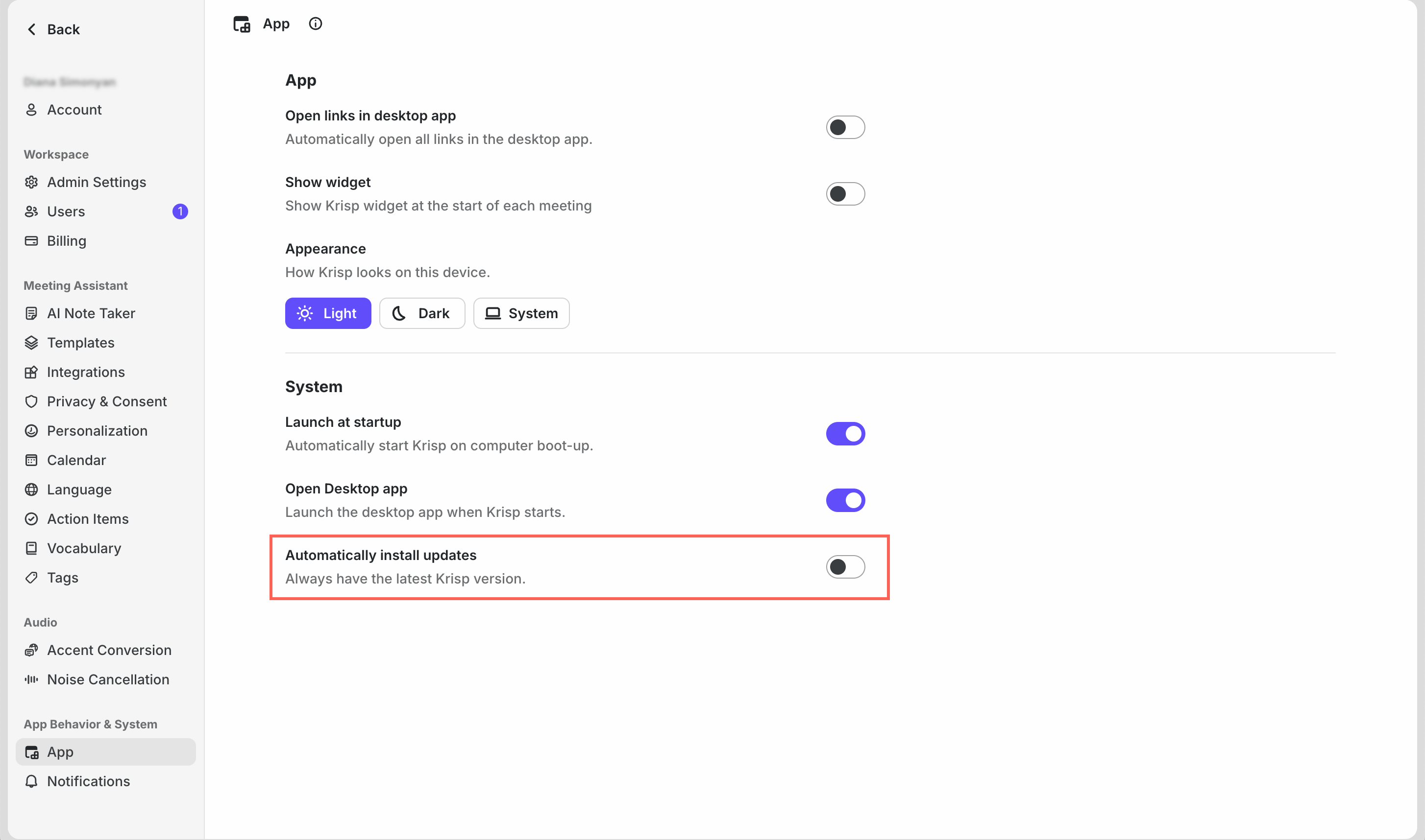 Krisp App settings with Automatically install updates highlighted