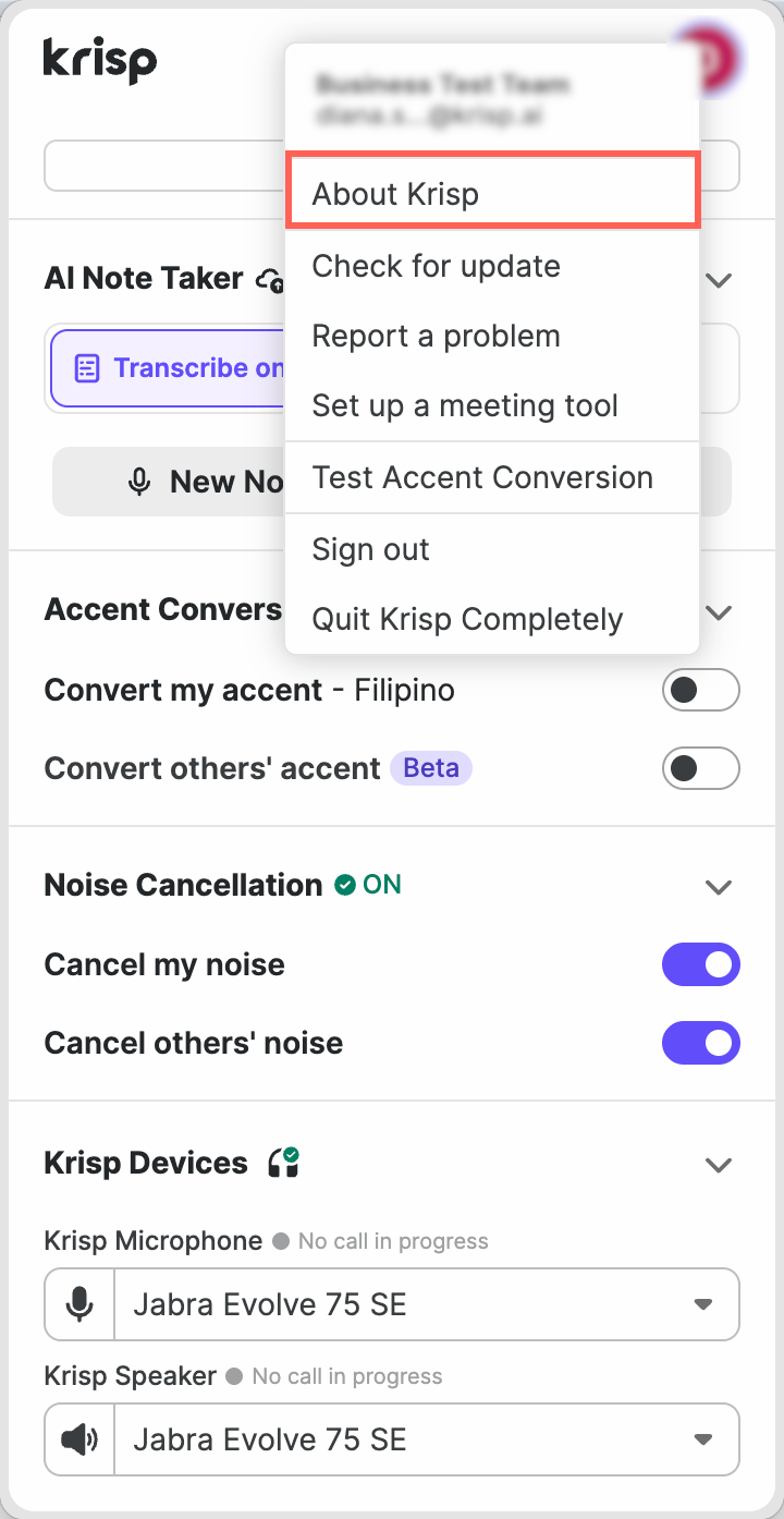Krisp app menu with About Krisp highlighted