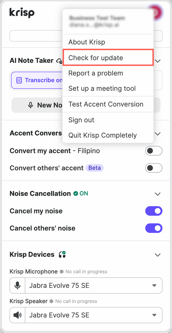 Krisp app menu with Check for update highlighted