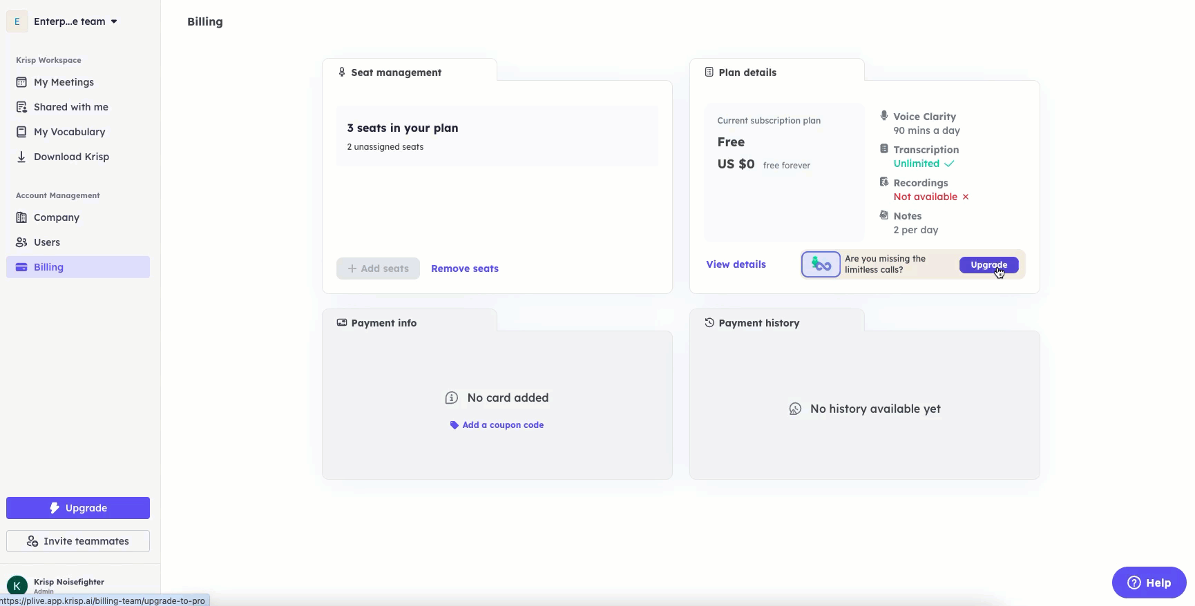 Checkout page for upgrading a Krisp subscription plan