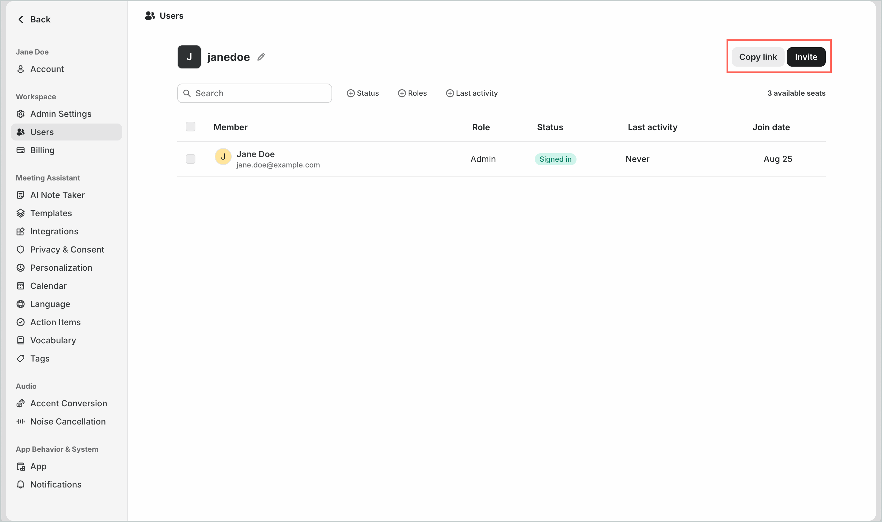Users page in the Admin Dashboard Settings