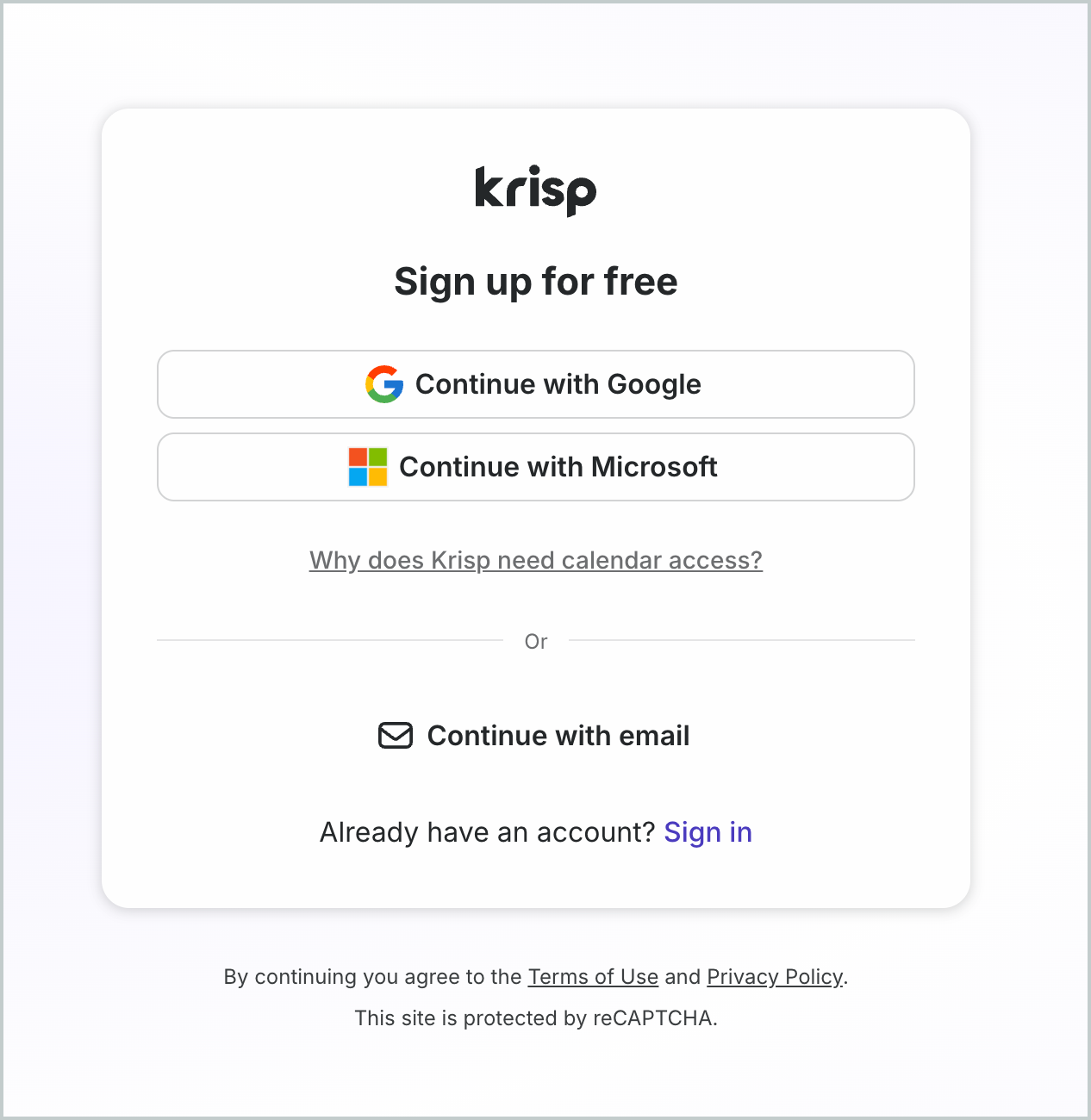 Krisp sign-up screen with the email field