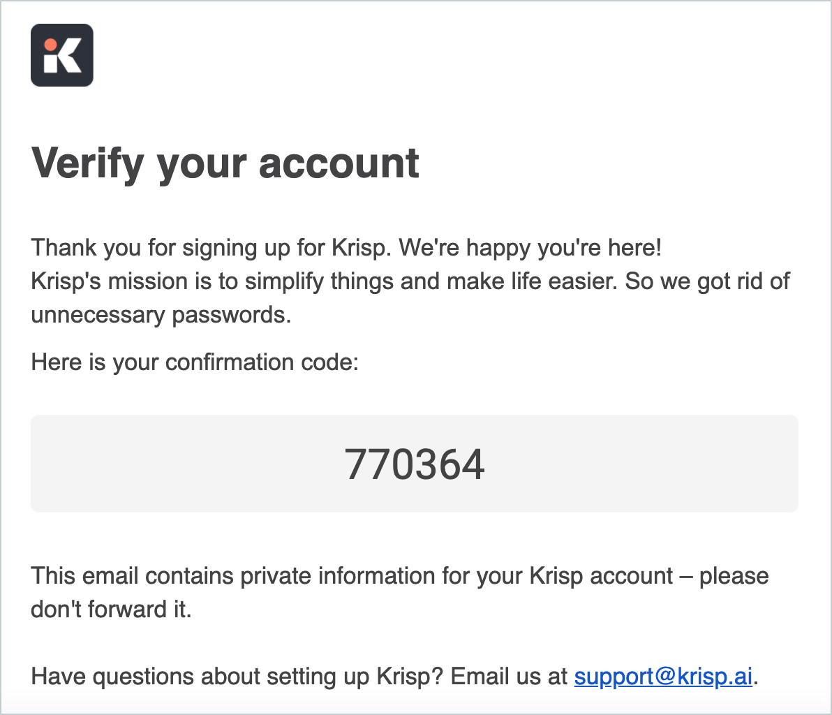 Krisp verification code email in inbox