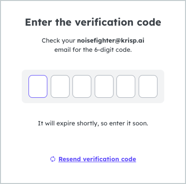 Verification code entry screen on the Krisp login page