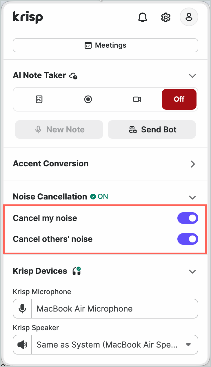 Krisp app with physical devices selected and Cancel my noise and Cancel others' noise toggles on