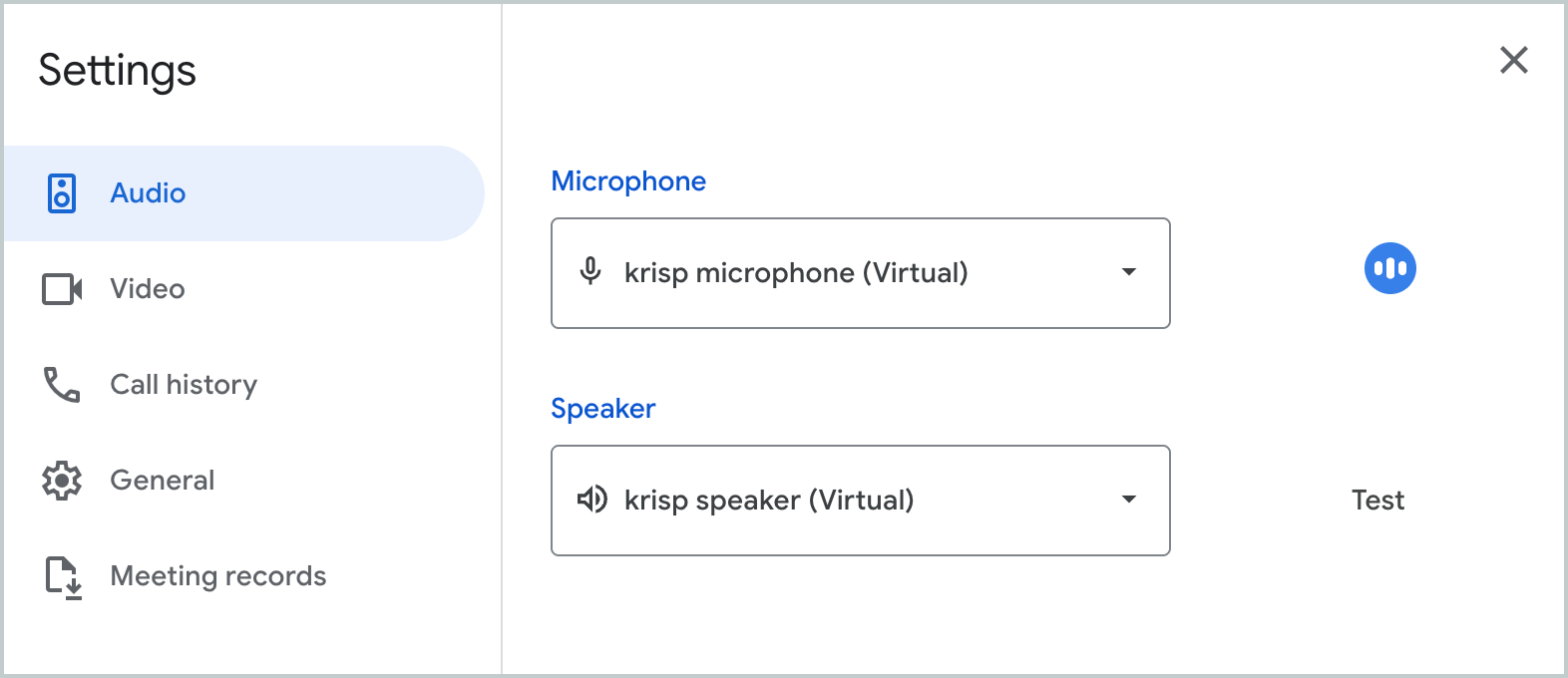 Google Meet Audio settings with Krisp Microphone and Speaker selected
