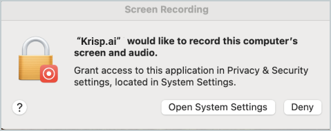Krisp banner asking for screen and audio recording access