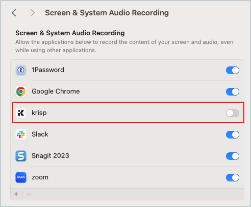 macOS System Settings with the screen recording permission for Krisp