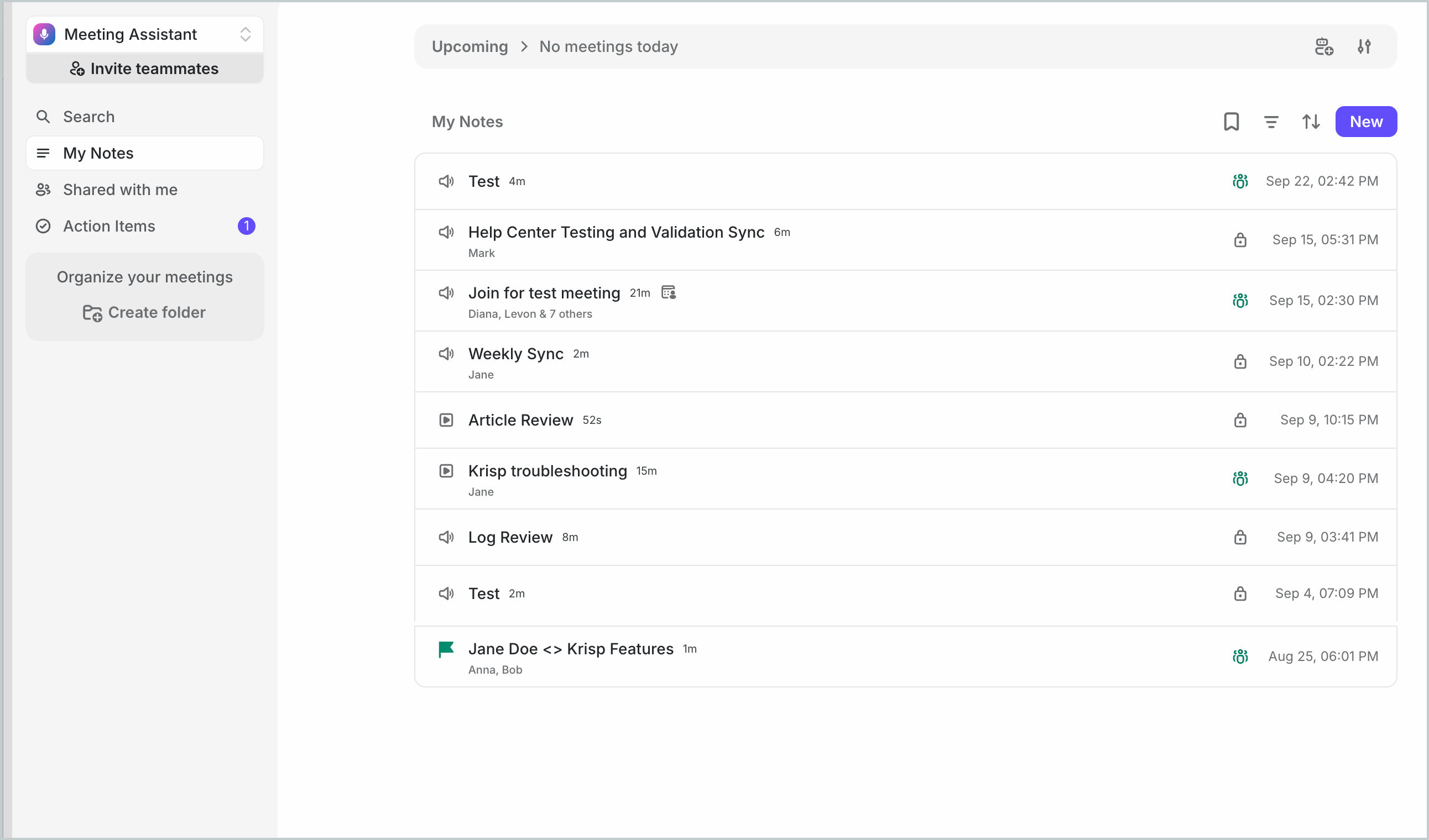 My Notes page in the Krisp dashboard