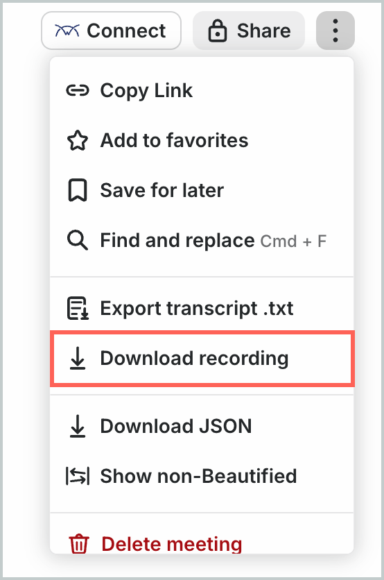 Download recording option in the meeting menu