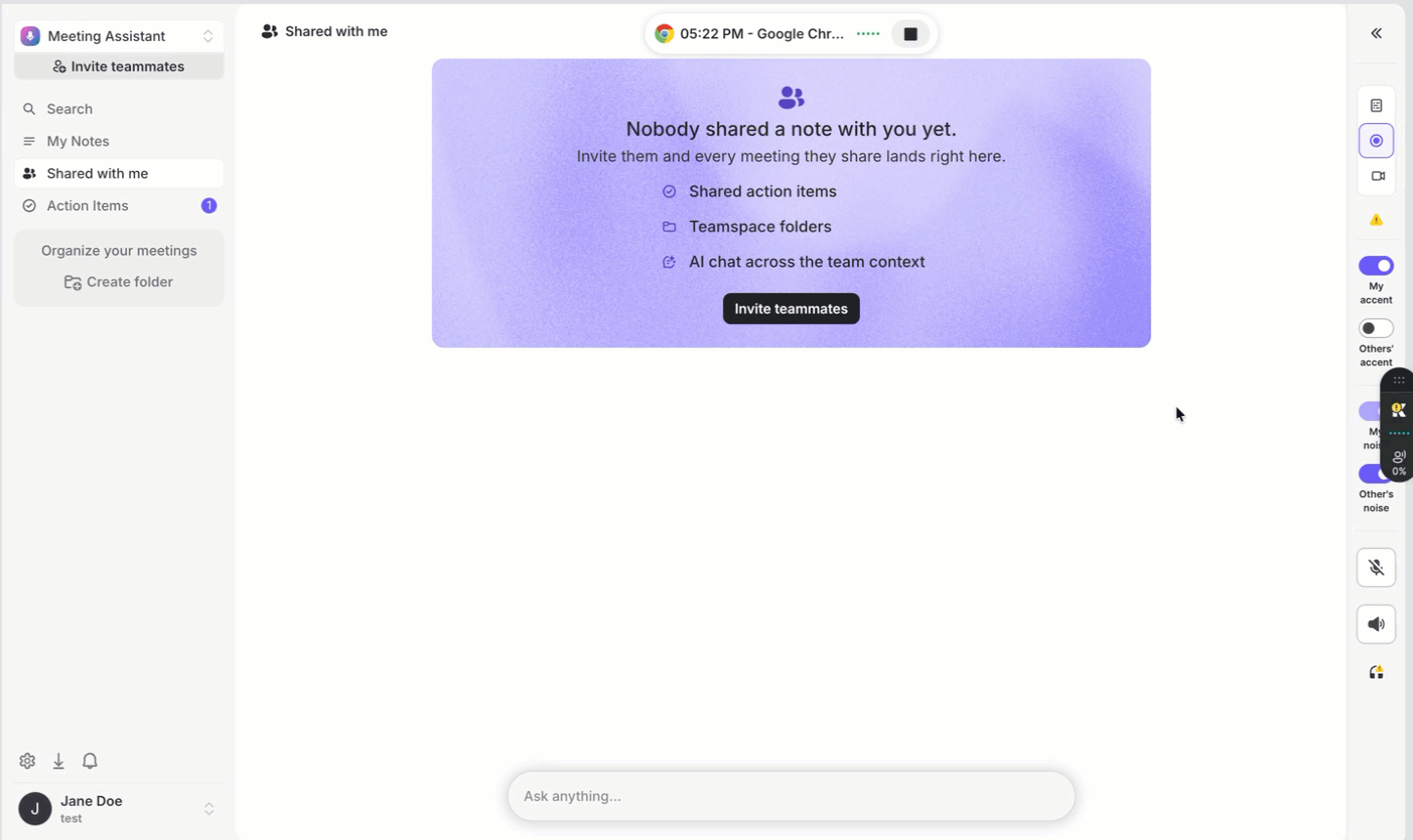 Live Transcription window on the Document page